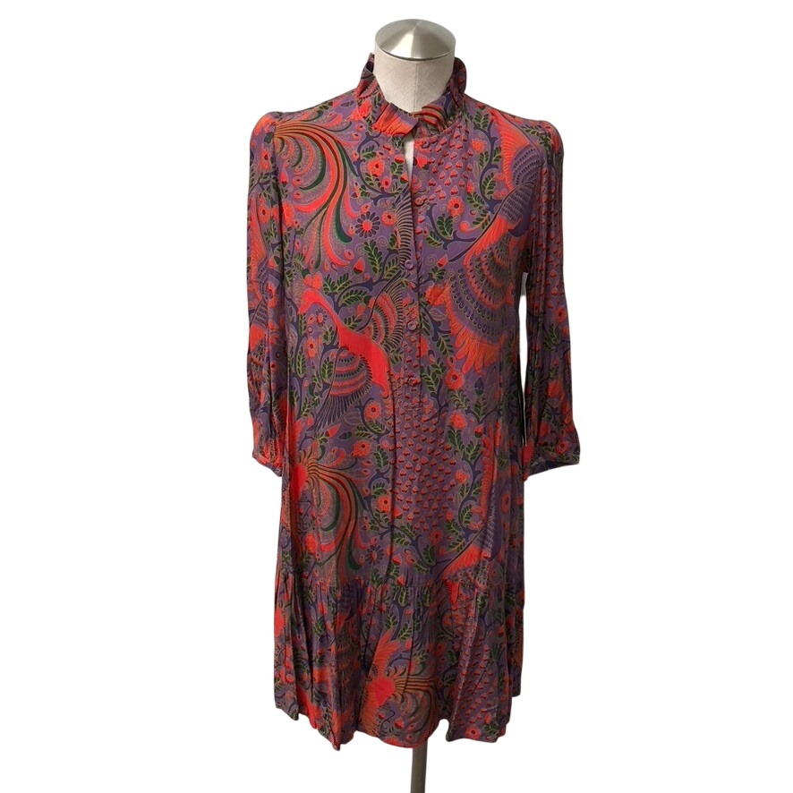 Tuckernuck Dress Womens Xs Purple Orange Peacock Bamboo Tiered Ruffle Mini